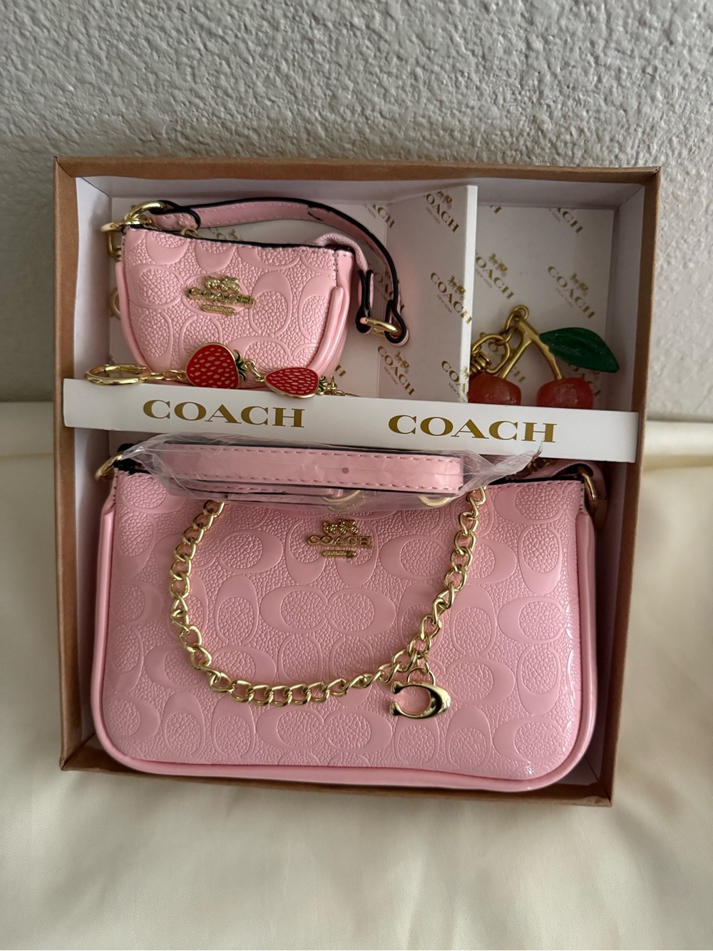 Coach Pink Signature Embossed Leather Mini Bag and Pouch Set with Gold Chain NEW